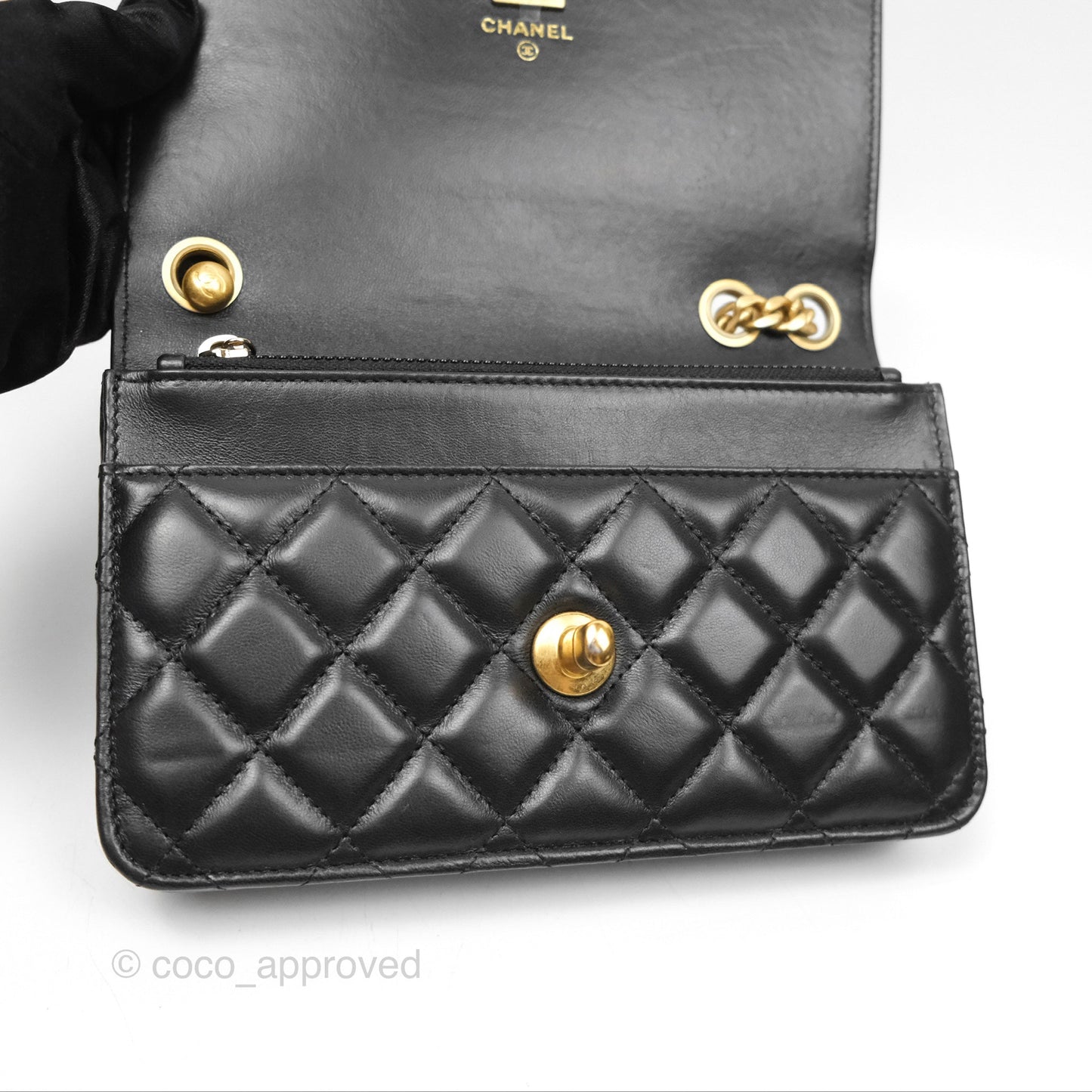 Chanel All Slide Wallet on Chain WOC Adjustable Chain Quilted Black Lambskin 22K