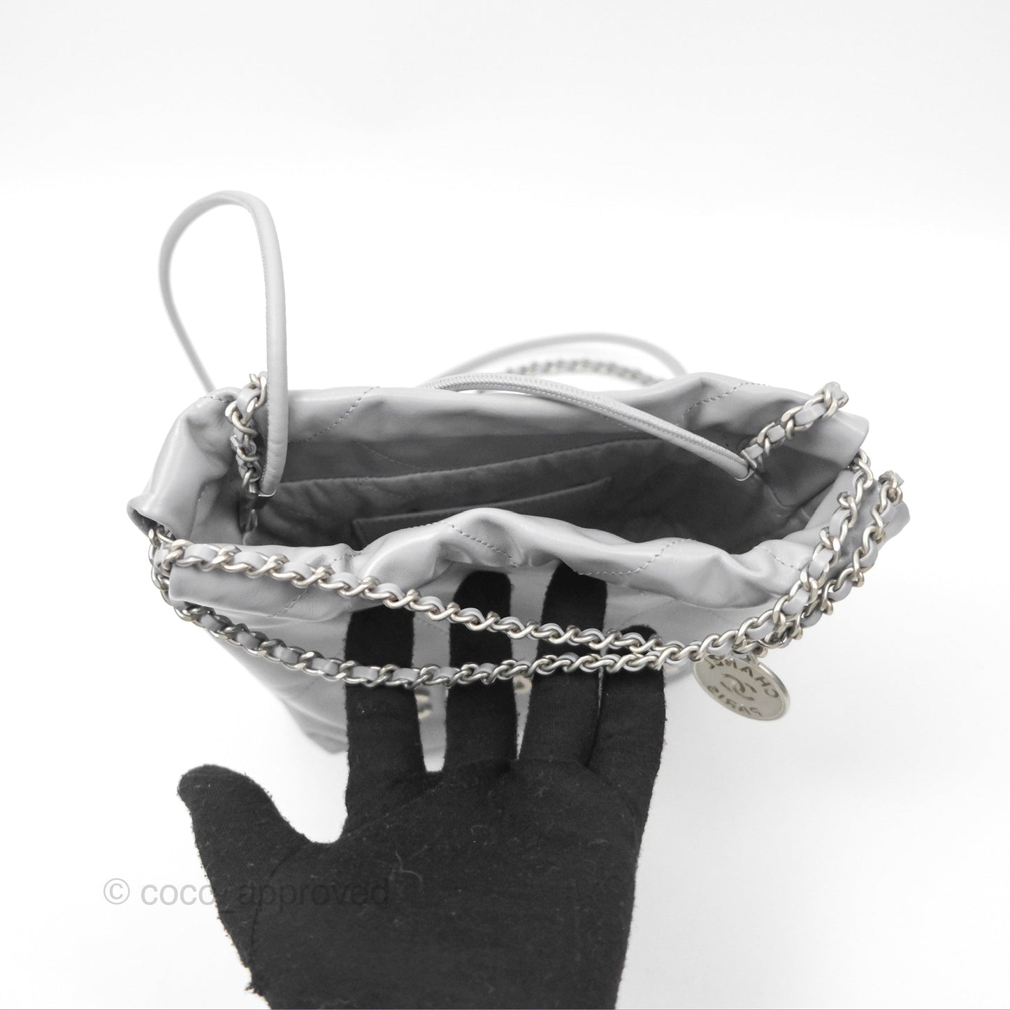 Chanel 22 Mini Bag Light Grey Shiny Crumpled Calfskin Matte Silver Hardware