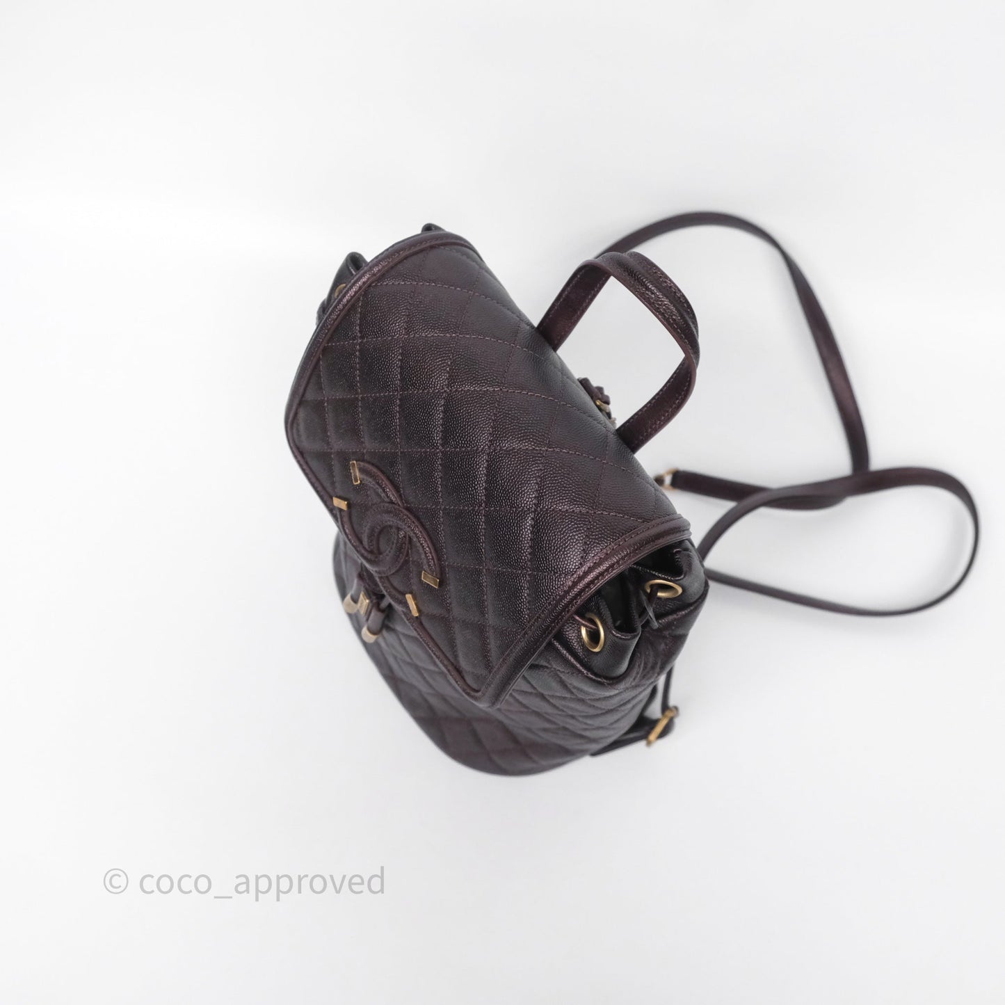 Chanel Quilted Filigree Backpack Iridescent Burgundy Caviar Aged Gold Hardware