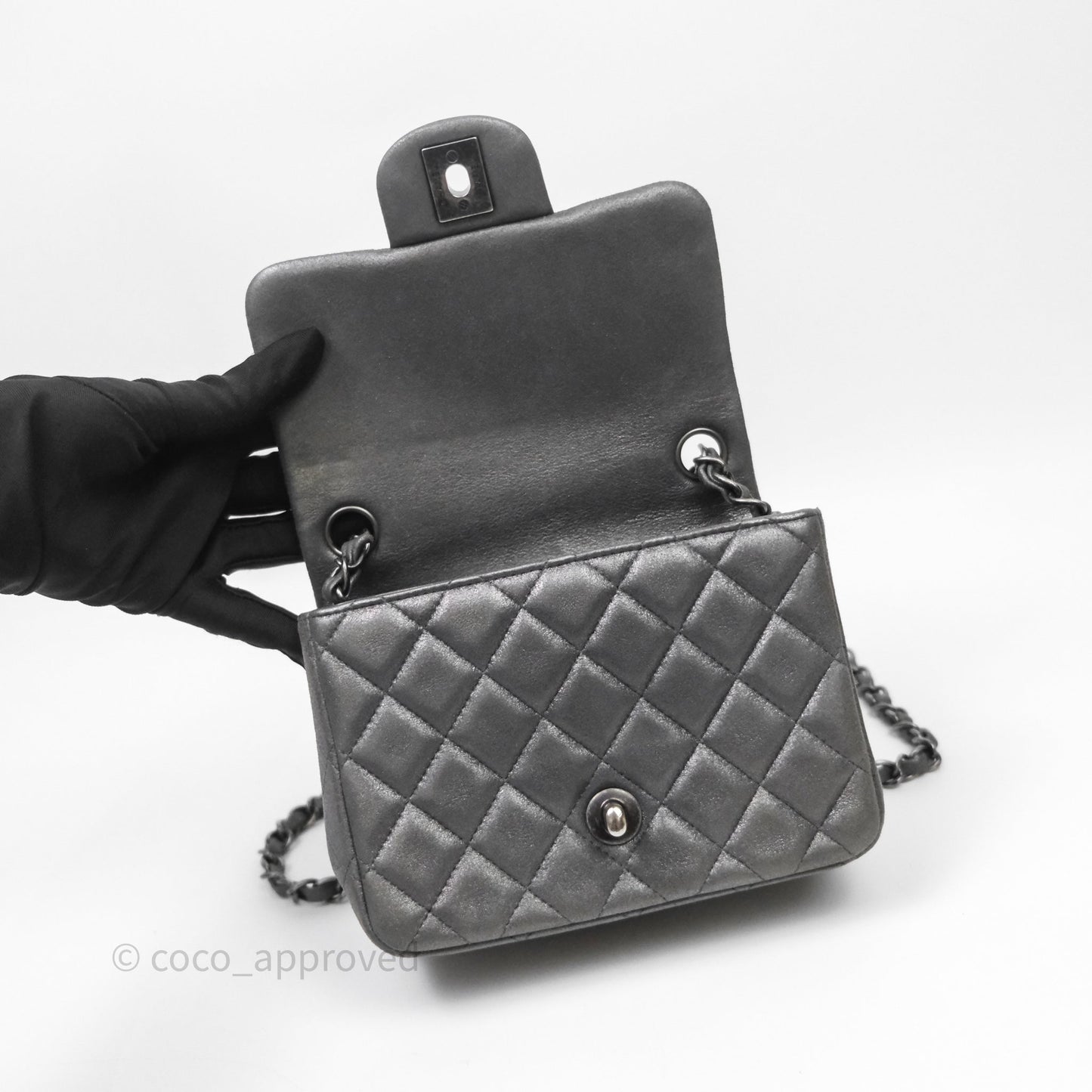 Chanel Mini Square Iridescent Grey Suede Gun Metal Hardware