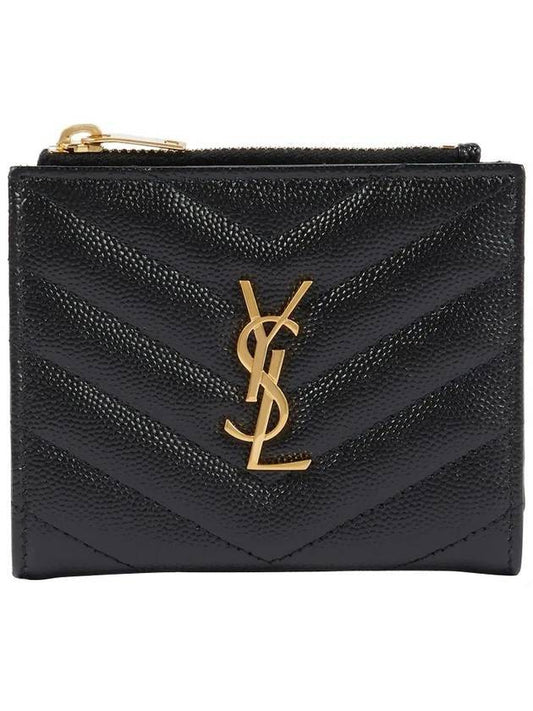 Luxury Saint Laurent Cassandre Matelasse Grain De Poudre Embossed Leather Half Wallet Black