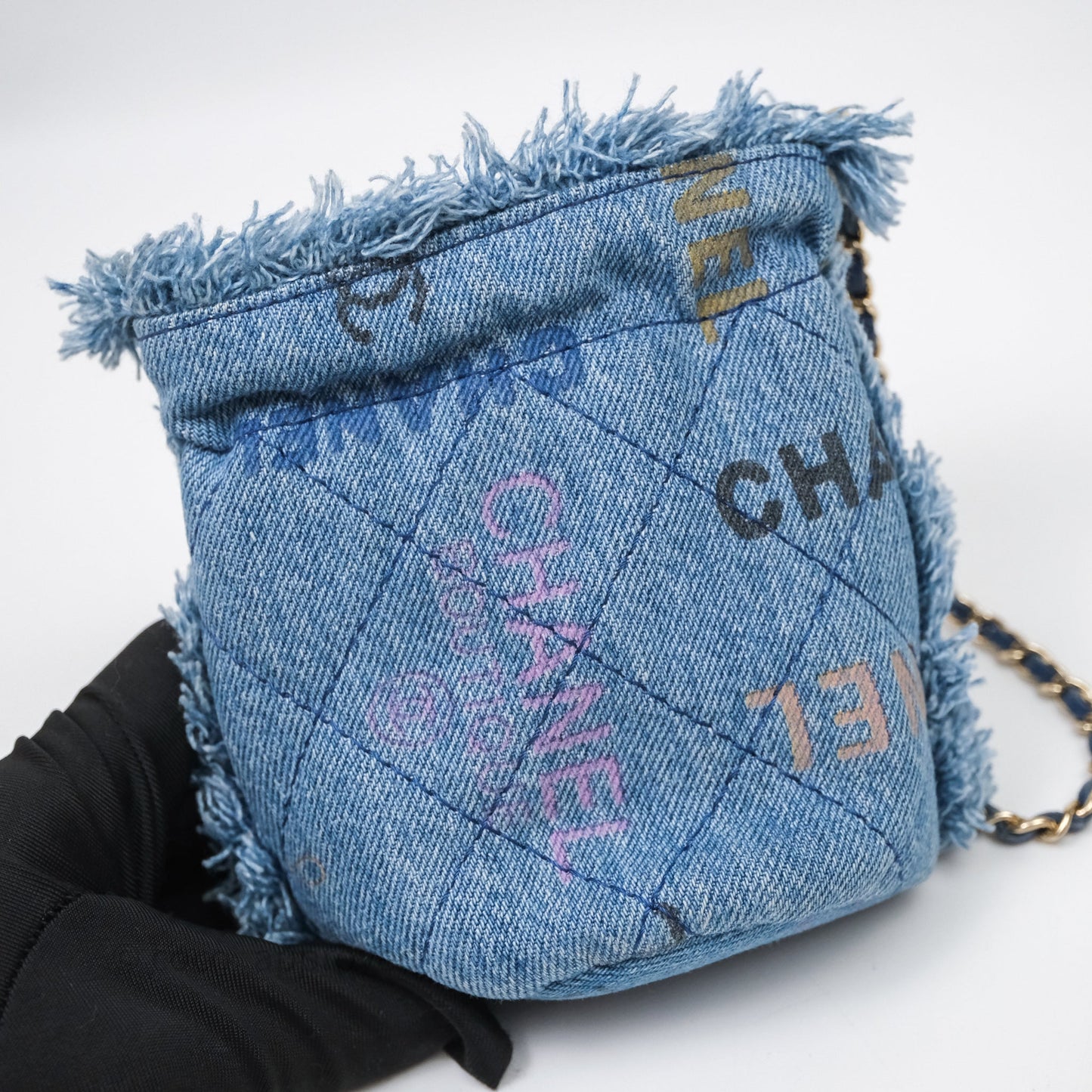 Chanel Mood Denim Mini Bucket Bag with Chain Blue Gold Hardware