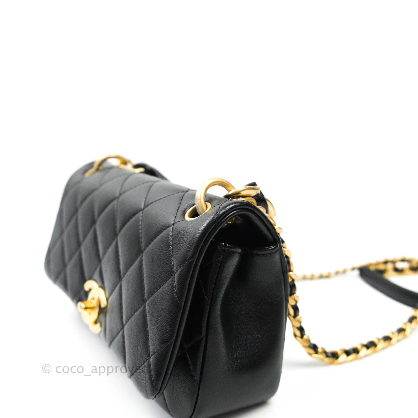 Chanel Leather Entwined Chain Bag Black Shiny Lambskin Aged Gold Hardware
