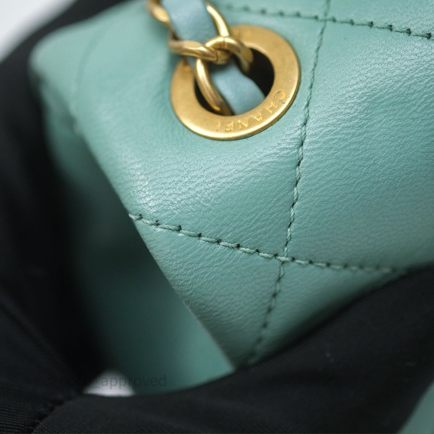 Chanel Quilted Small Circular Handle Bag Mint Green Aged Gold Hardware