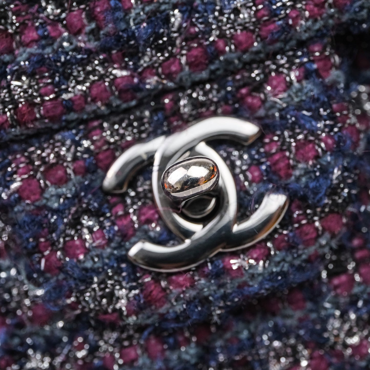 Chanel Classic M/L Medium Double Flap Purple Tweed Glitter Gun Metal