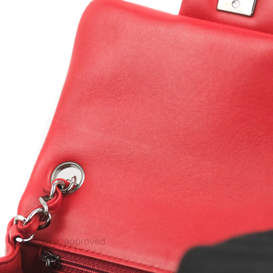 Chanel Quilted Mini Square Red Lambskin Gun Metal