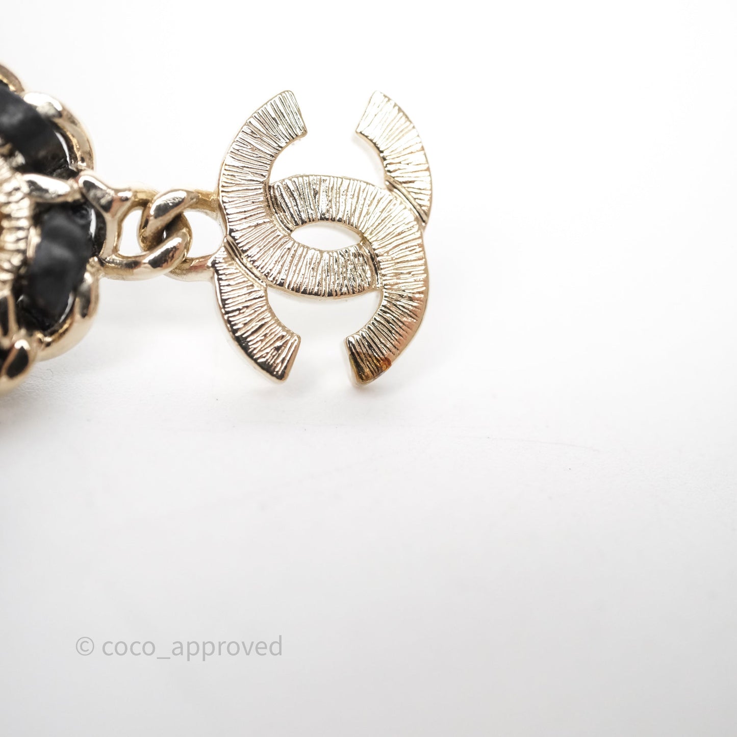 Chanel Oval Pearl Braided Black Leather Drop Crystal CC Earrings Gold Tone 21B
