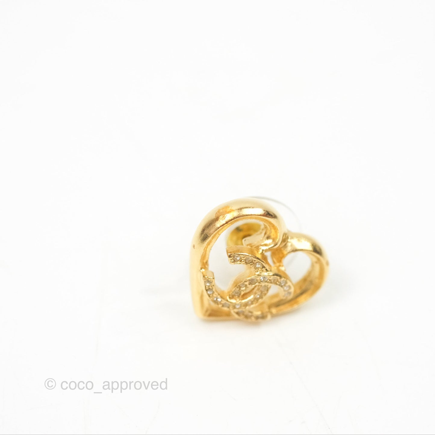 Chanel Crystal CC Heart Earrings Gold Tone 23C