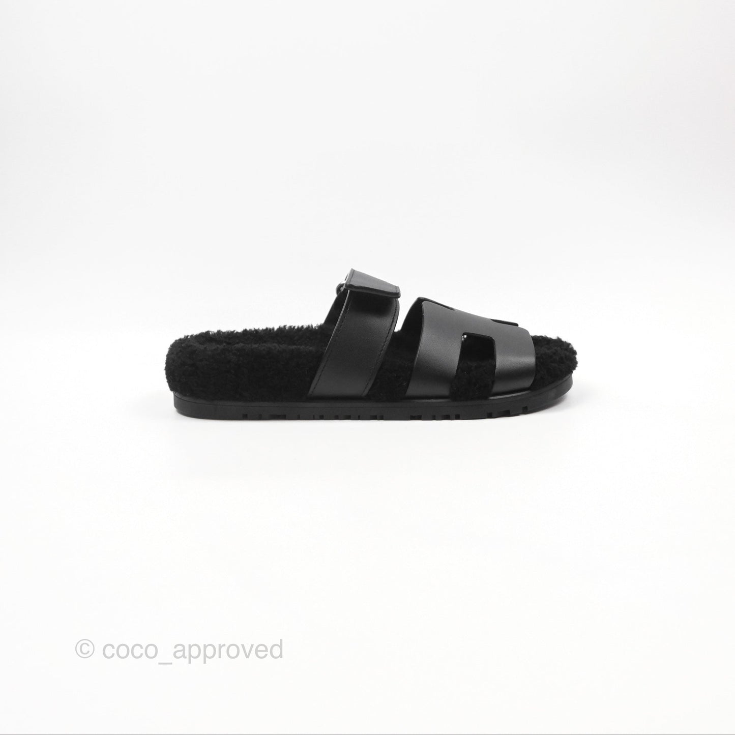 Hermès Chypre Sandal Shearling Black Calfskin Size 36