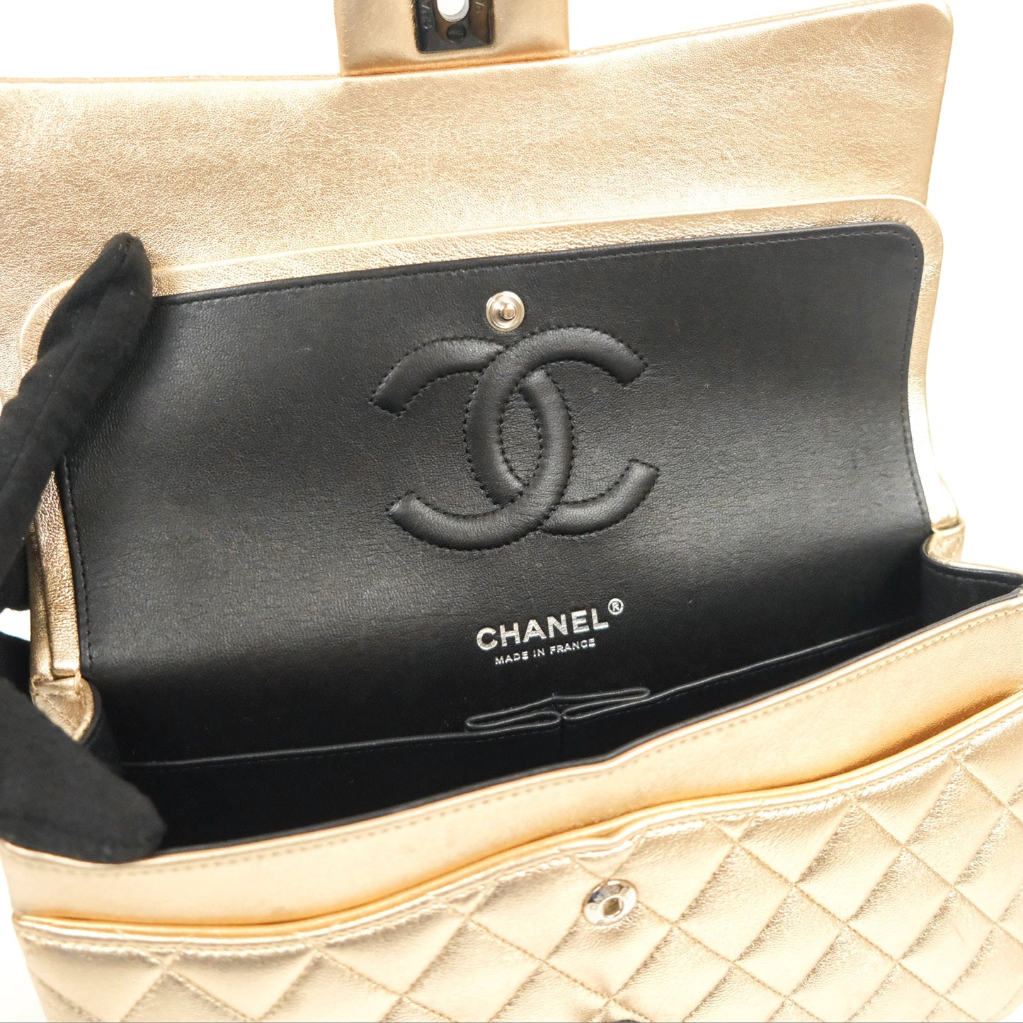 Chanel Classic M/L Medium Flap Quilted Metallic Gold Lambskin Gun Metal