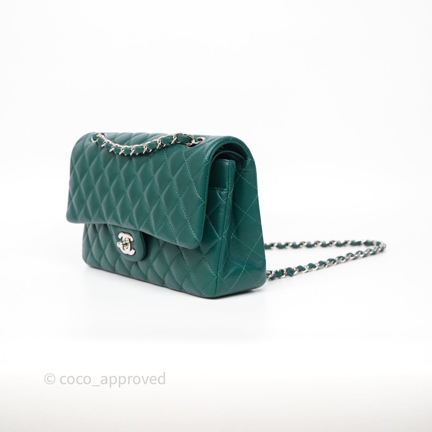 Chanel Medium Classic Flap Quilted Dark Green Lambskin Silver Hardware