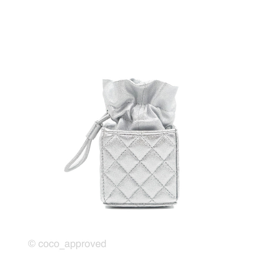 Chanel Mini Drawstring Bucket Bag with Chain Metallic Silver Calfskin Silver Hardware