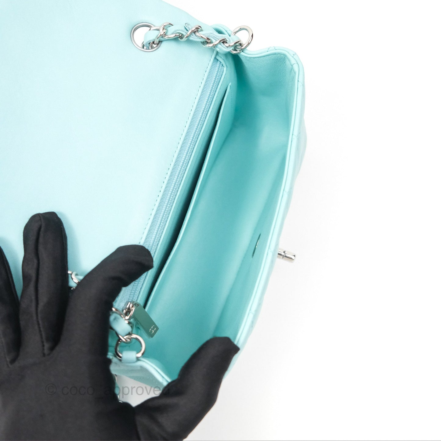 Chanel Quilted Mini Rectangular Flap Tiffany Blue Lambskin Silver Hardware