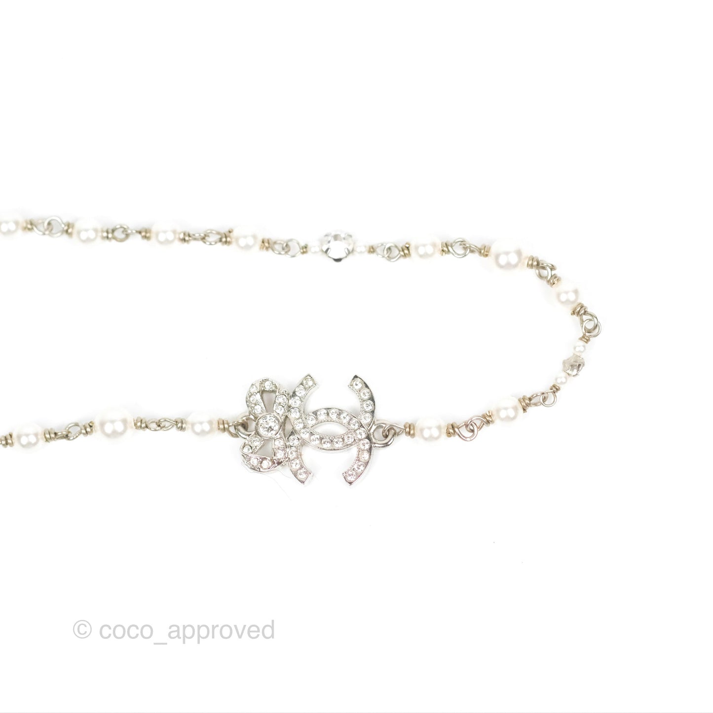 Chanel Ribbon Bow CC Crystal Pearl Chain Necklace Silver Tone 22B