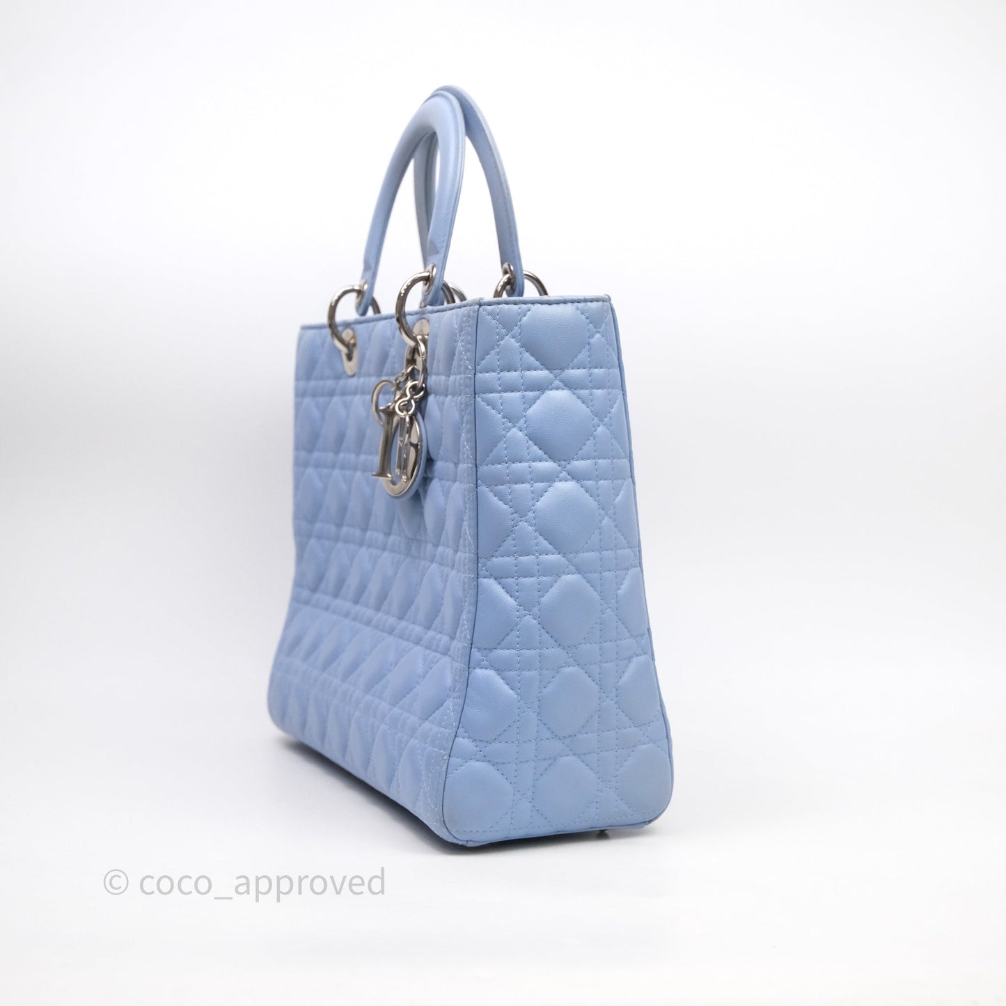 Christian Dior Large Lady Dior Cannage Blue Lambskin Silver Hardware