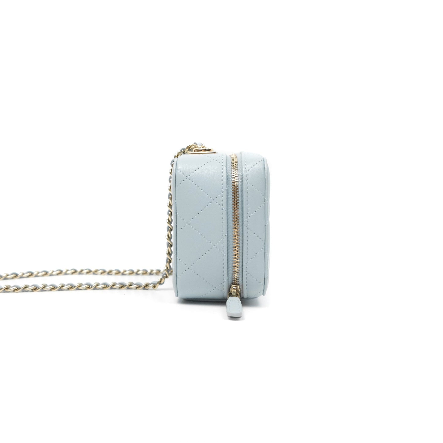 Chanel Mini Quilted Vanity Camera Case Light Blue Lambskin Gold Hardware