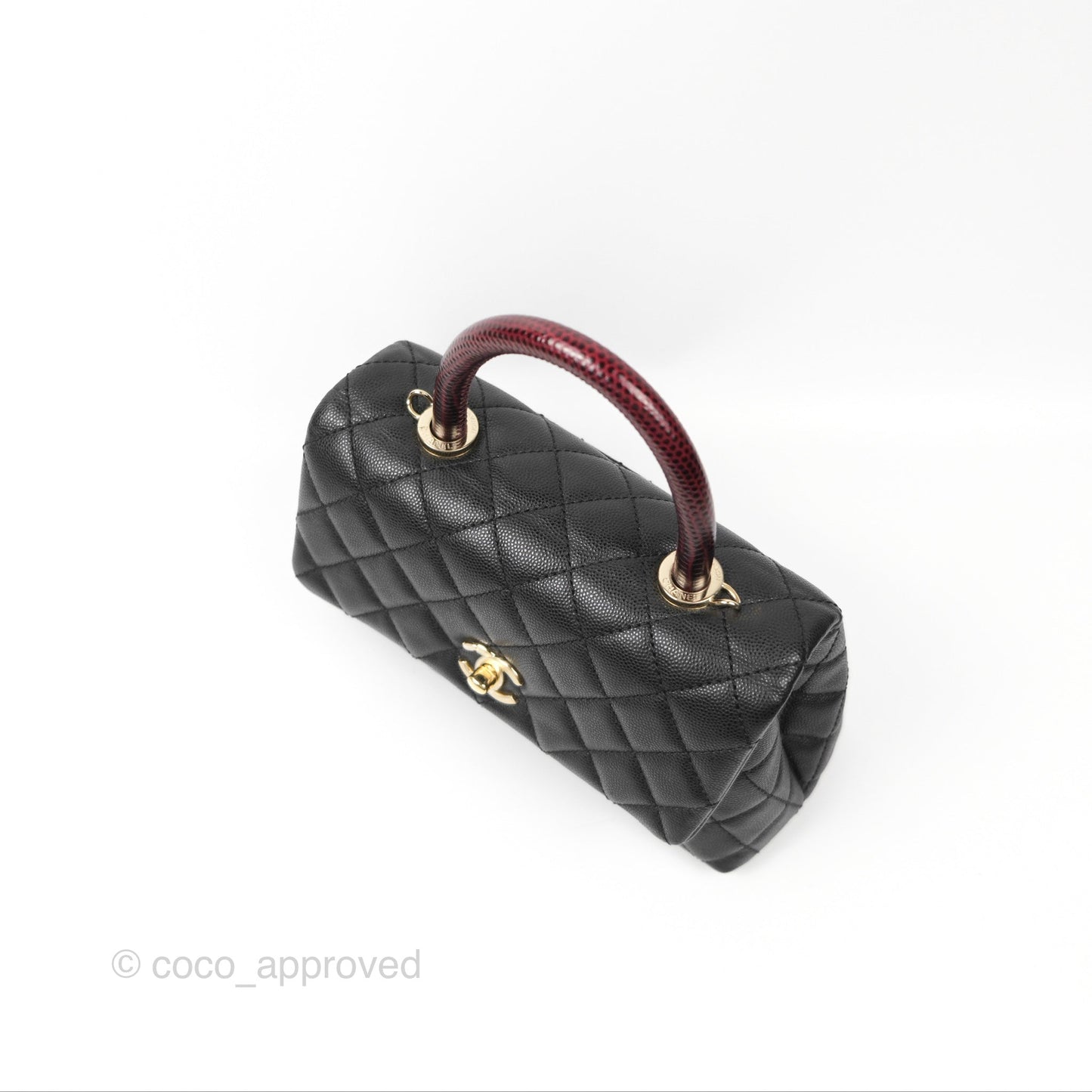 Chanel Small Coco Handle Black Caviar Gold Hardware Lizard Embossed Handle
