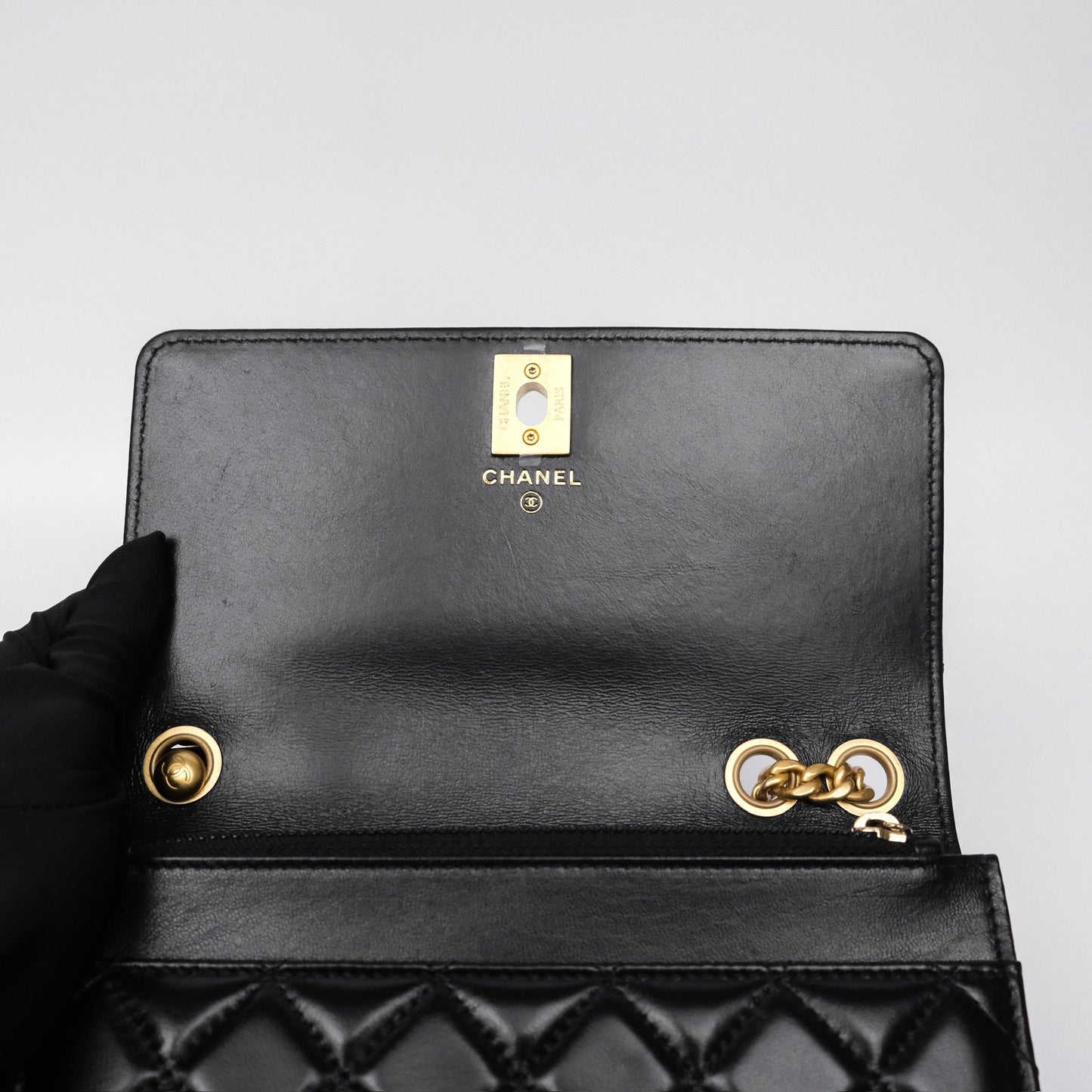 Chanel All Slide Wallet on Chain WOC Adjustable Chain Quilted Black Lambskin 22K