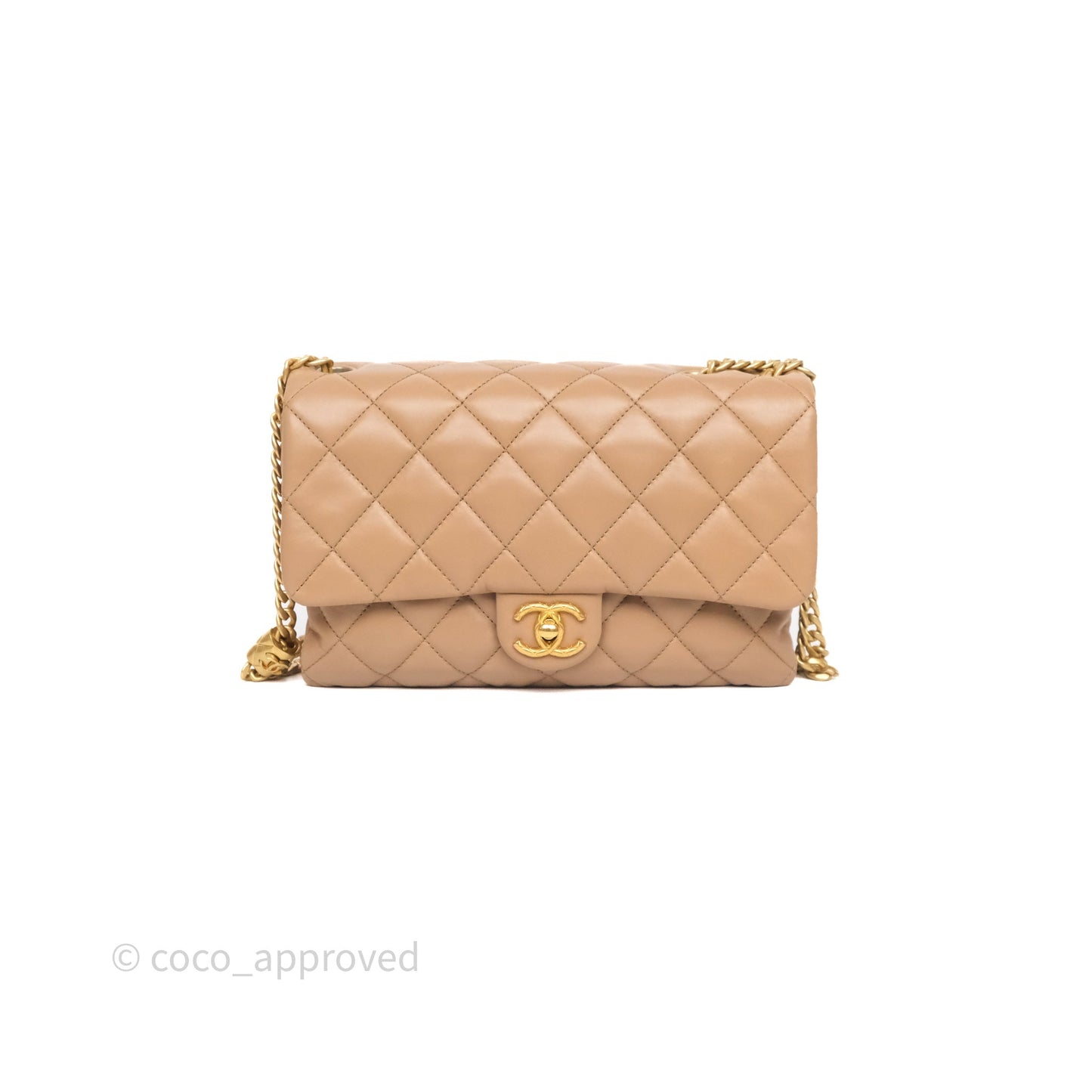 Chanel Medium All Slide Adjustable Chain Flap Bag Beige Lambskin Aged Gold Hardware