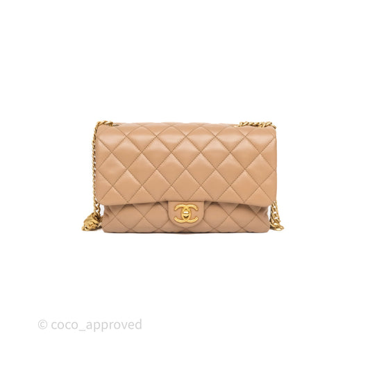 Chanel Medium All Slide Adjustable Chain Flap Bag Beige Lambskin Aged Gold Hardware