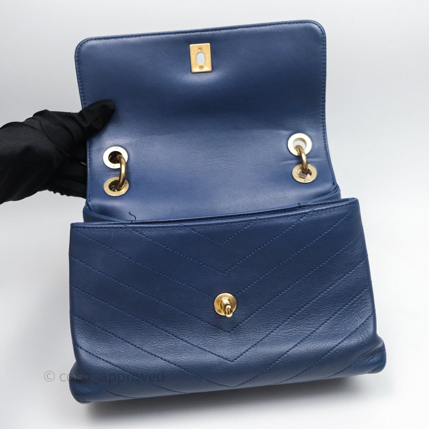 Chanel Small Chevron Python Chic Top Handle Flap Blue Calfskin Gold Hardware