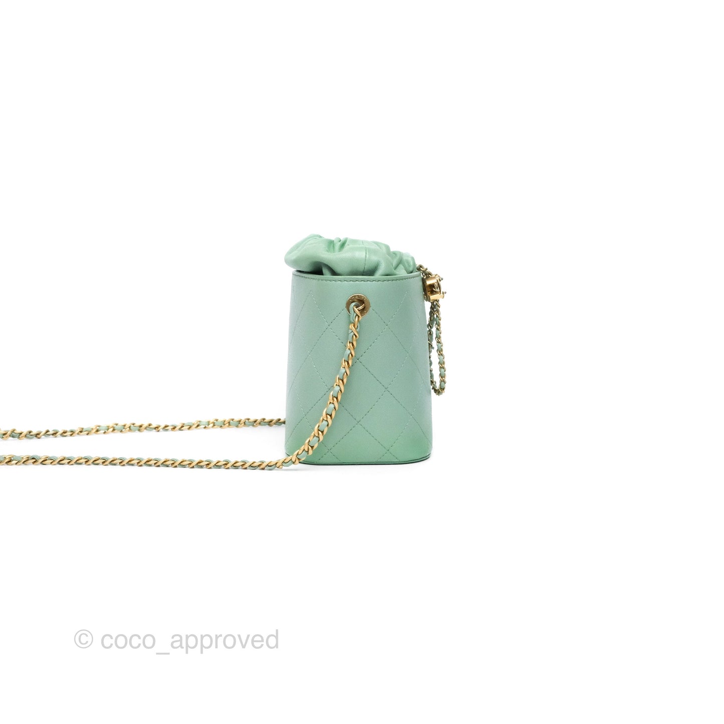 Chanel Drawstring Bucket Bag Quilted Green Caviar Aged Gold Hardware