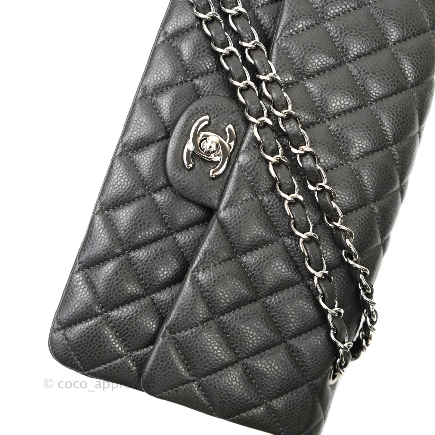 Chanel Quilted M/L Medium Double Flap Dark Grey Caviar Silver Hardware
