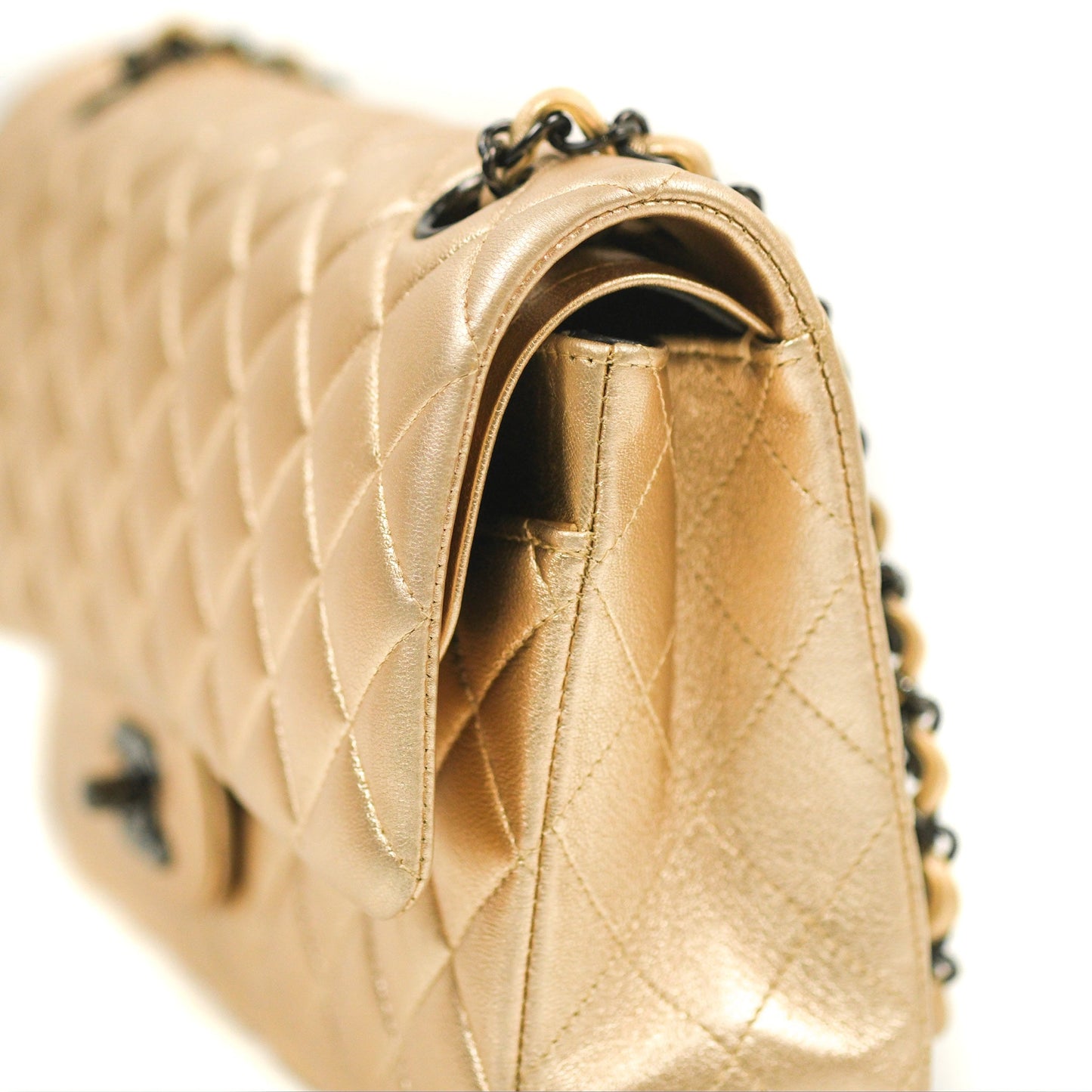 Chanel Classic M/L Medium Flap Quilted Metallic Gold Lambskin Gun Metal