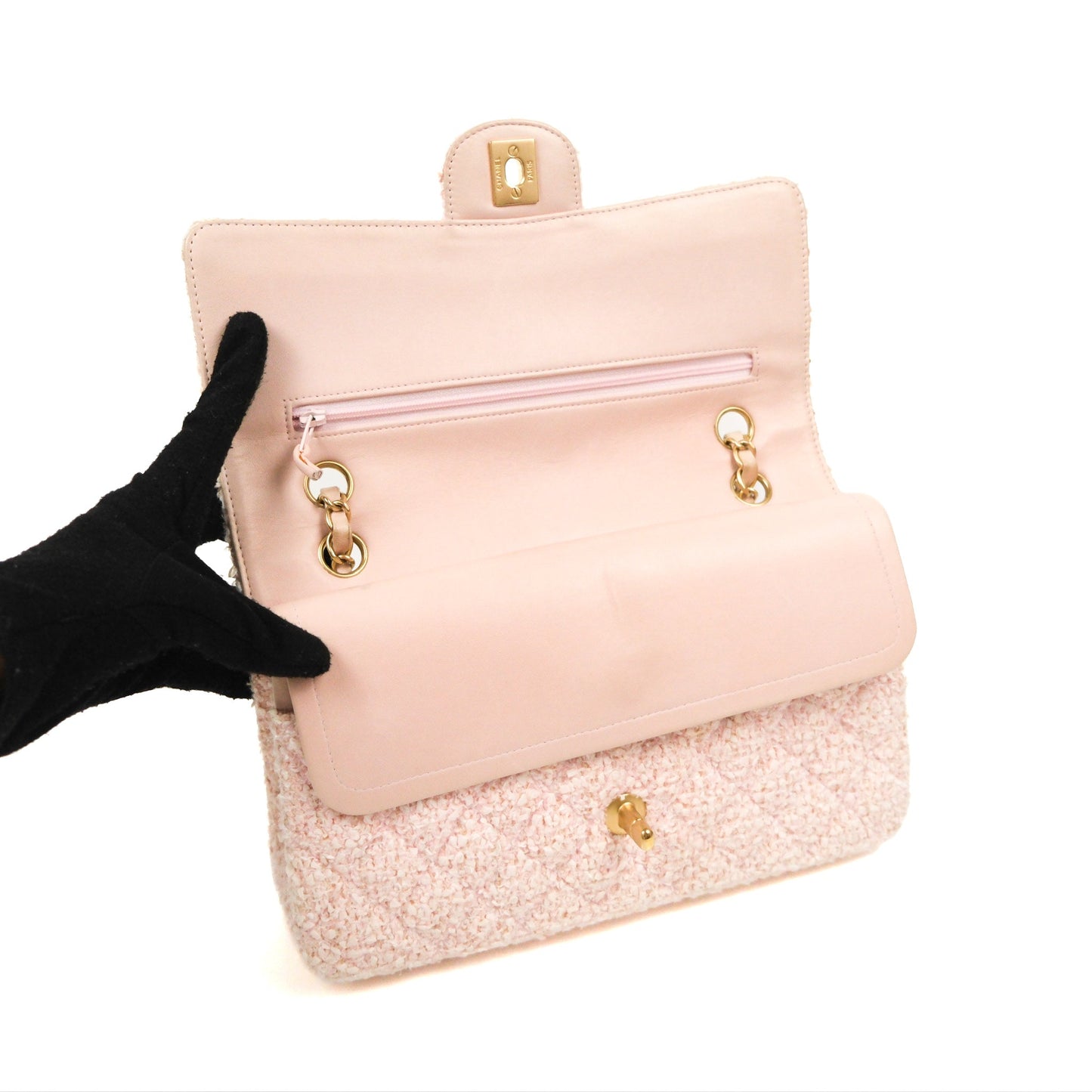 Chanel Classic M/L Medium Quilted Double Flap Pink Tweed Matte Gold Hardware