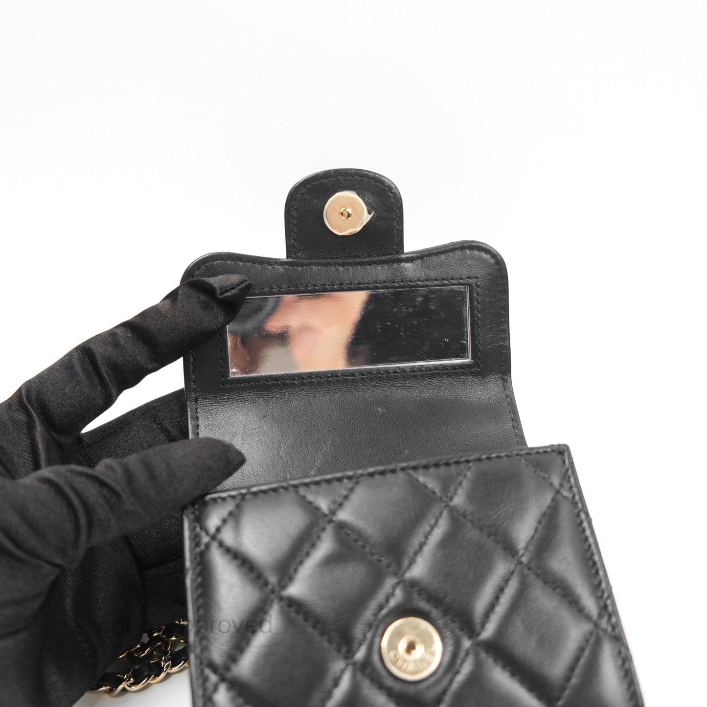 Chanel Mini Handle Clutch With Chain Black Lambskin Gold Hardware