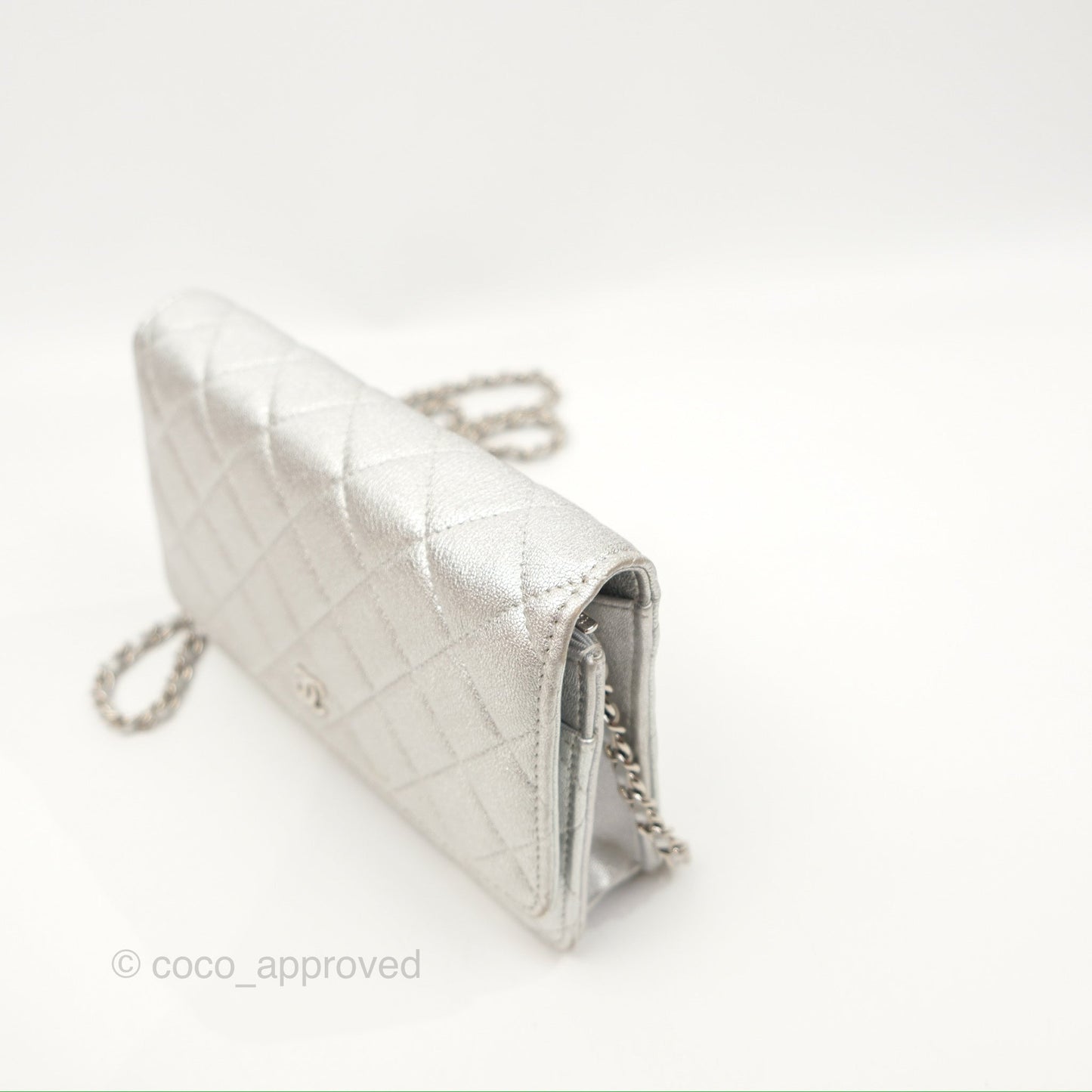 Chanel Quilted Wallet on Chain WOC Iridescent Silver Grained Lambskin Silver Hardware