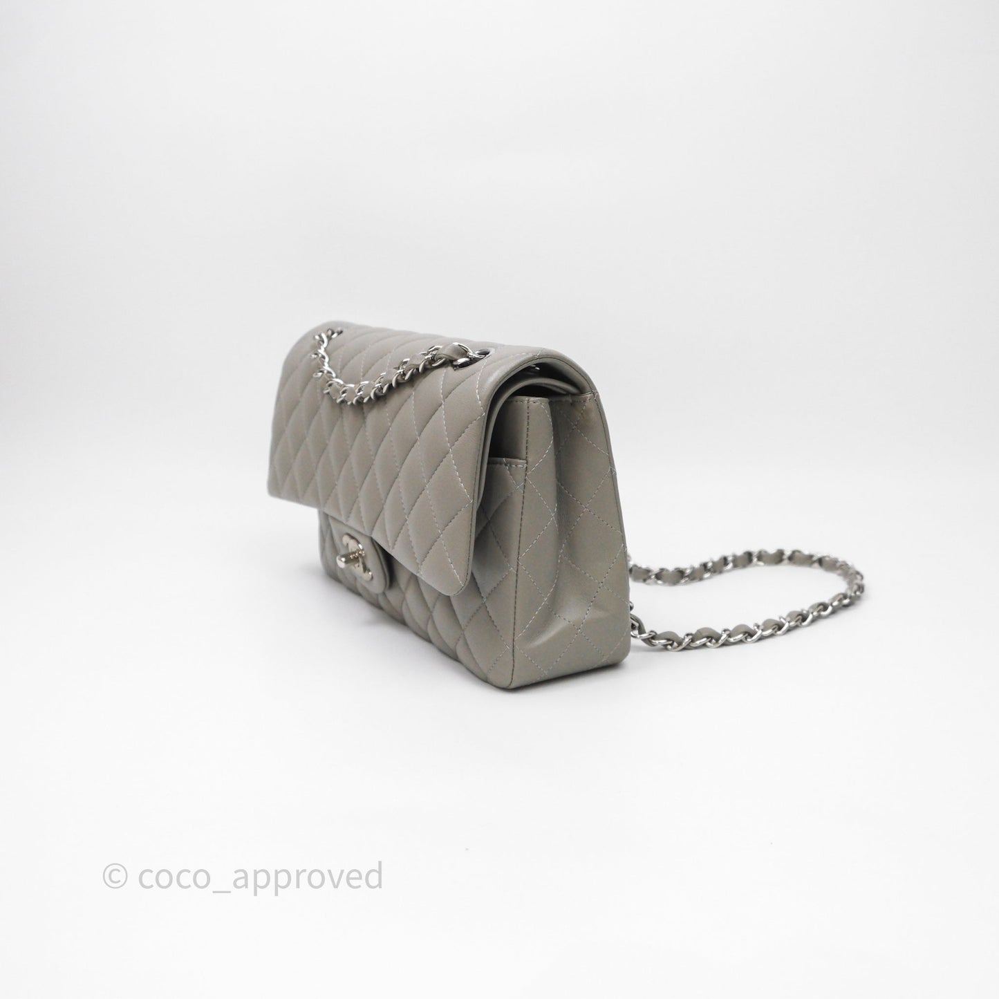 Chanel Classic M/L Medium Flap Quilted Grey Lambskin Silver Hardware