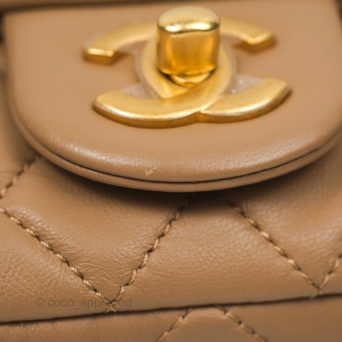 Chanel Mini Rectangular Pearl Crush Quilted Beige Lambskin Aged Gold Hardware
