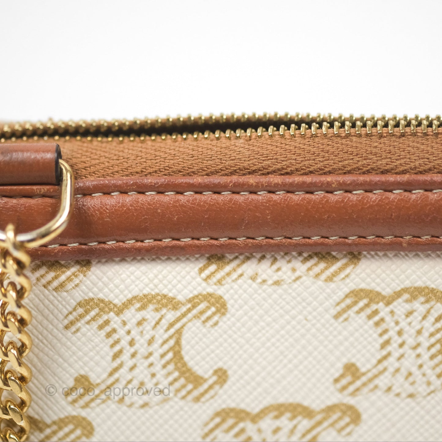 Celine Clutch With Chain Triomphe Canvas Lambskin White/Tan