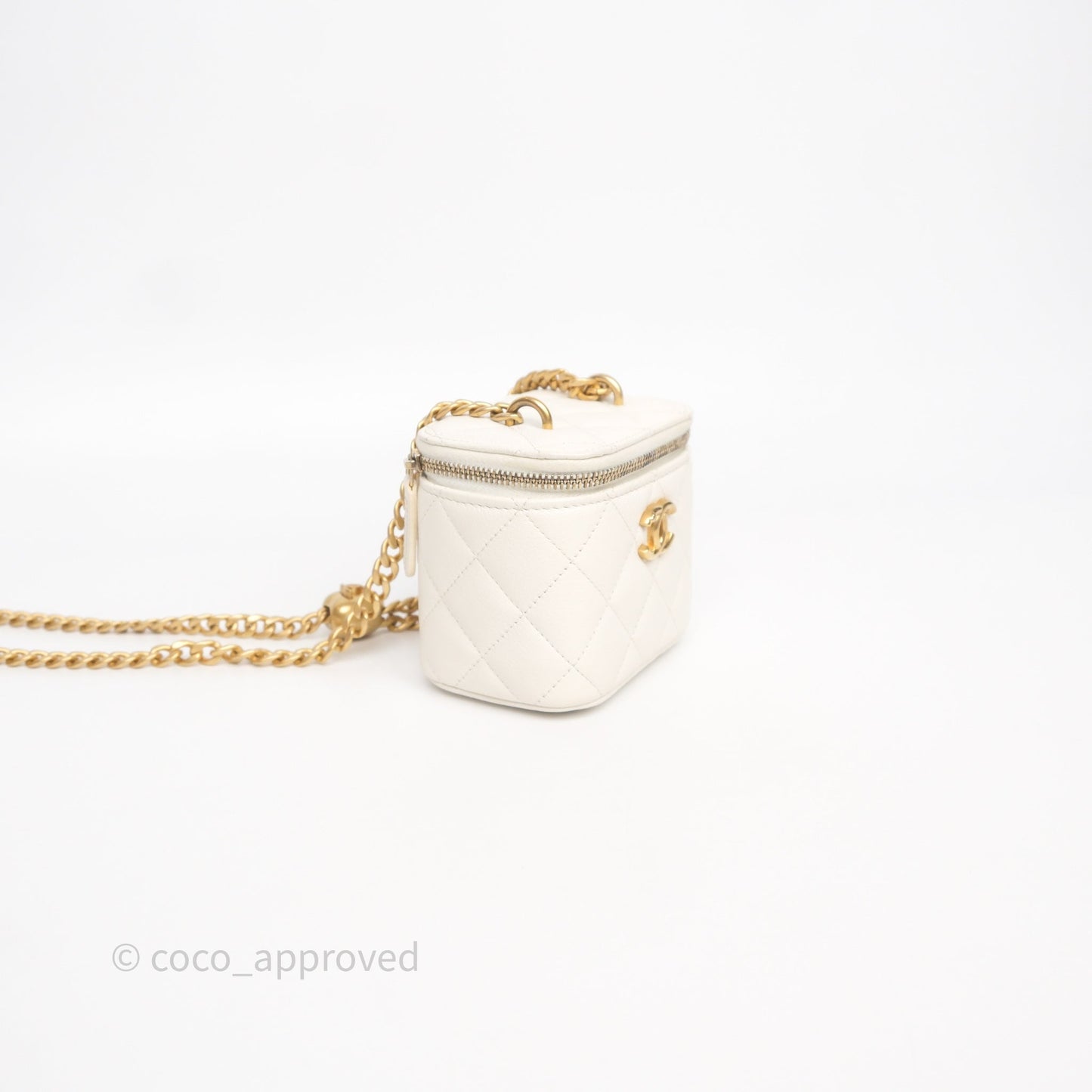 Chanel Heart Crush Mini Vanity With Chain White Caviar Aged Gold Hardware