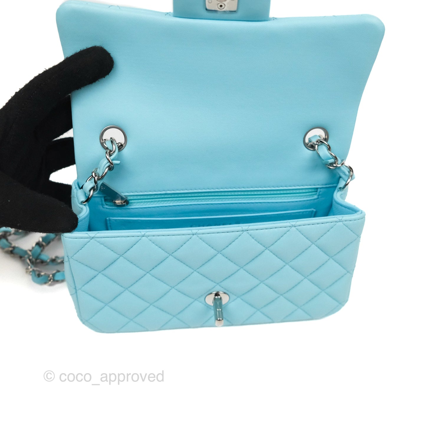Chanel Quilted Mini Rectangular Flap Neon Blue Lambskin Silver Hardware 21S