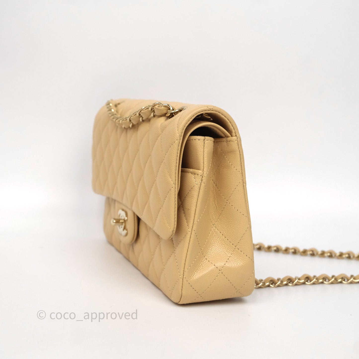 Chanel Classic M/L Medium Flap Quilted Beige Caviar Gold Hardware