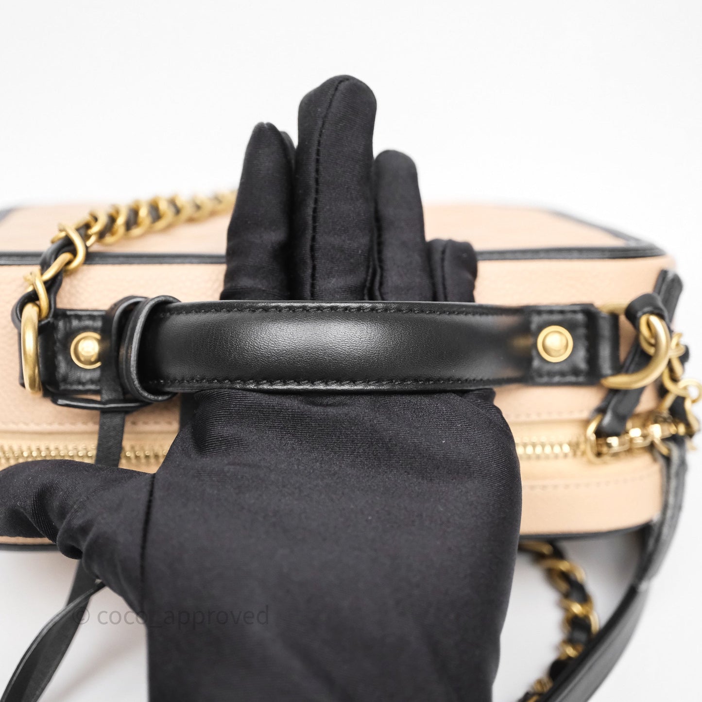 Chanel Quilted Medium CC Filigree Vanity Case Beige Black Caviar Aged Gold Hardware