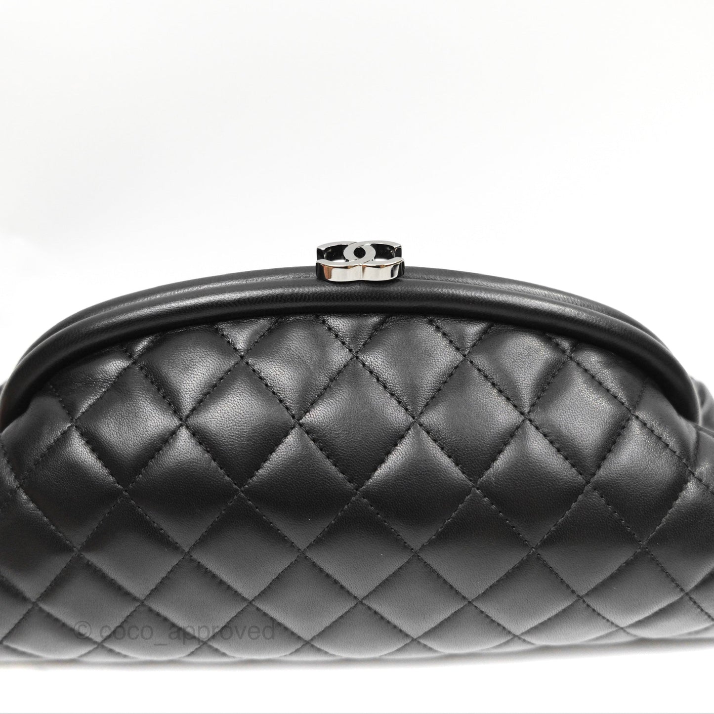 Chanel Quilted Timeless Kisslock Clutch Black Lambskin Silver Hardware