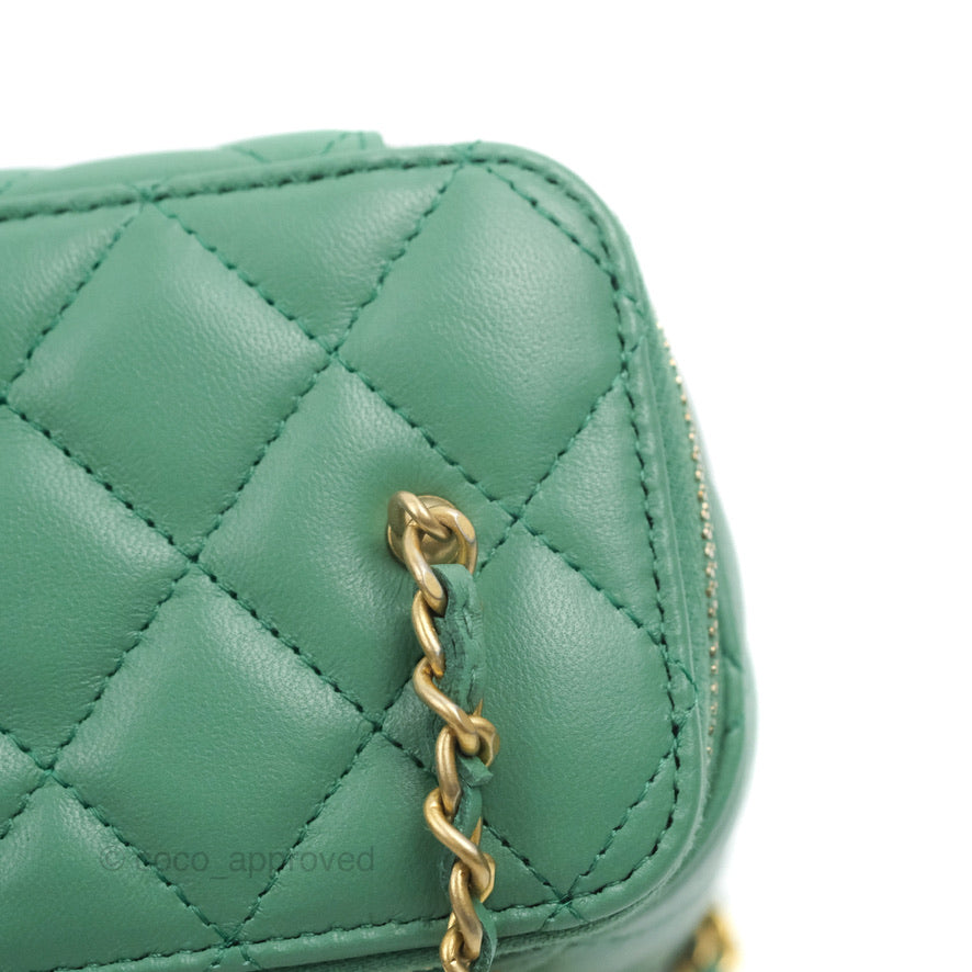 Chanel Vanity with Pearl Crush Chain Green Lambskin Aged Gold Hardware