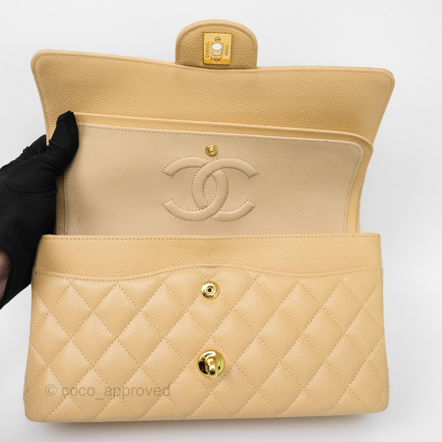 Chanel M/L Medium Classic Flap Quilted Beige Caviar Gold Hardware