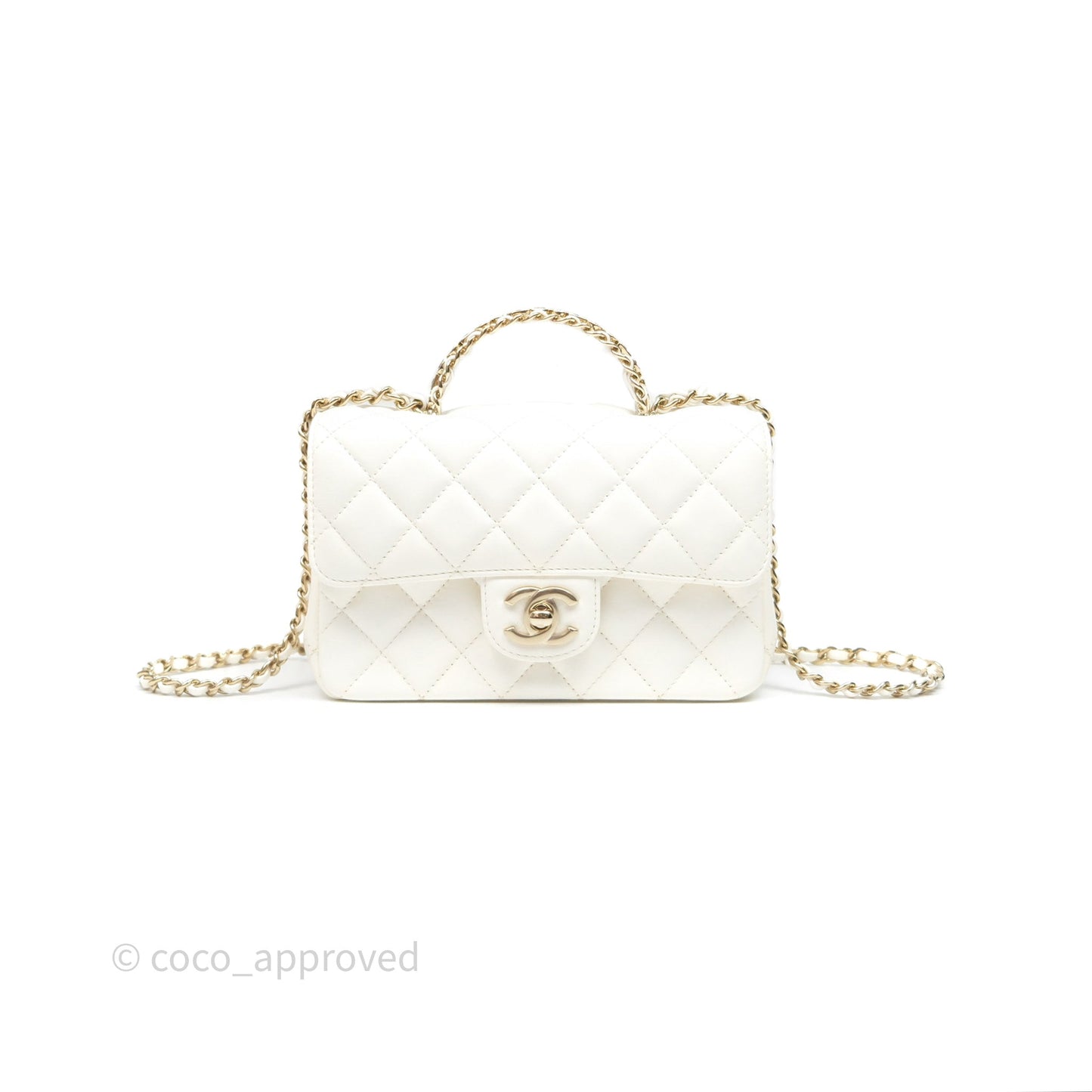 Chanel Crystals Top Handle Mini Rectangular Flap Bag White Lambskin Gold Hardware