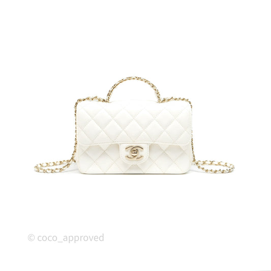 Chanel Crystals Top Handle Mini Rectangular Flap Bag White Lambskin Gold Hardware