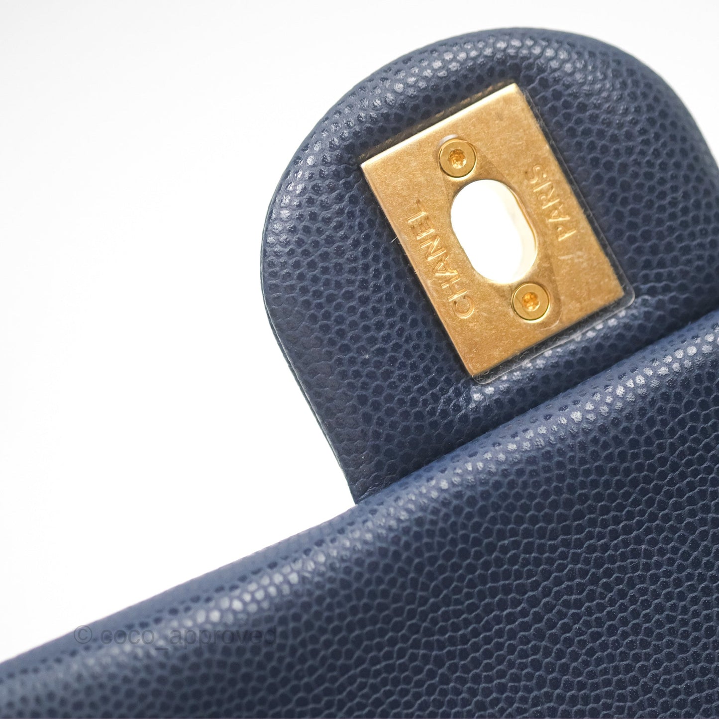 Chanel Mini Flap with Coin Charm Navy Caviar Aged Gold Hardware 22A