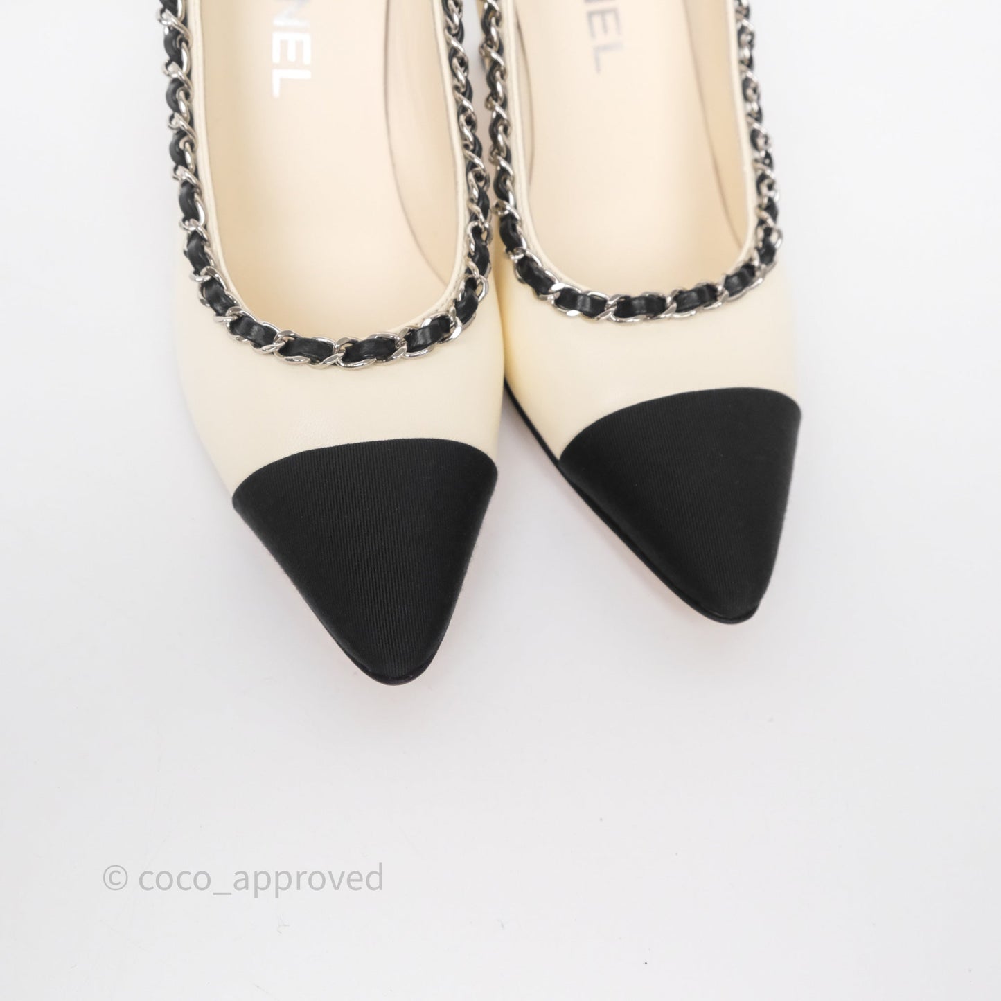 Chanel Classic Heels White With Black Leather Chain Size 36.5