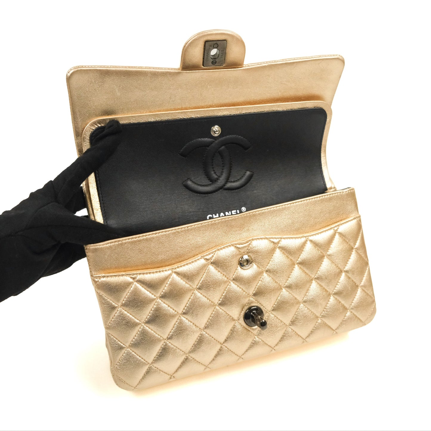 Chanel Classic M/L Medium Flap Quilted Metallic Gold Lambskin Gun Metal