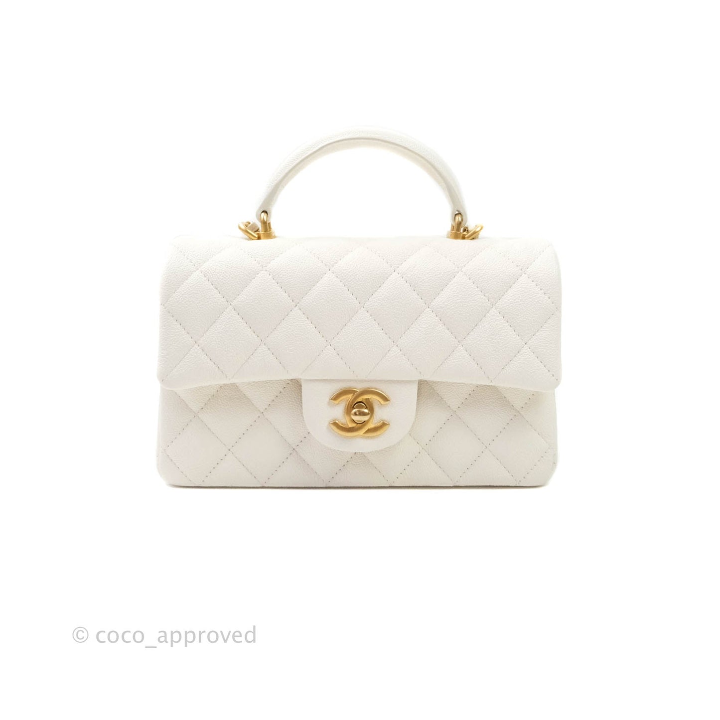 Chanel Top Handle Mini Rectangular Flap Bag White Caviar Aged Gold Hardware