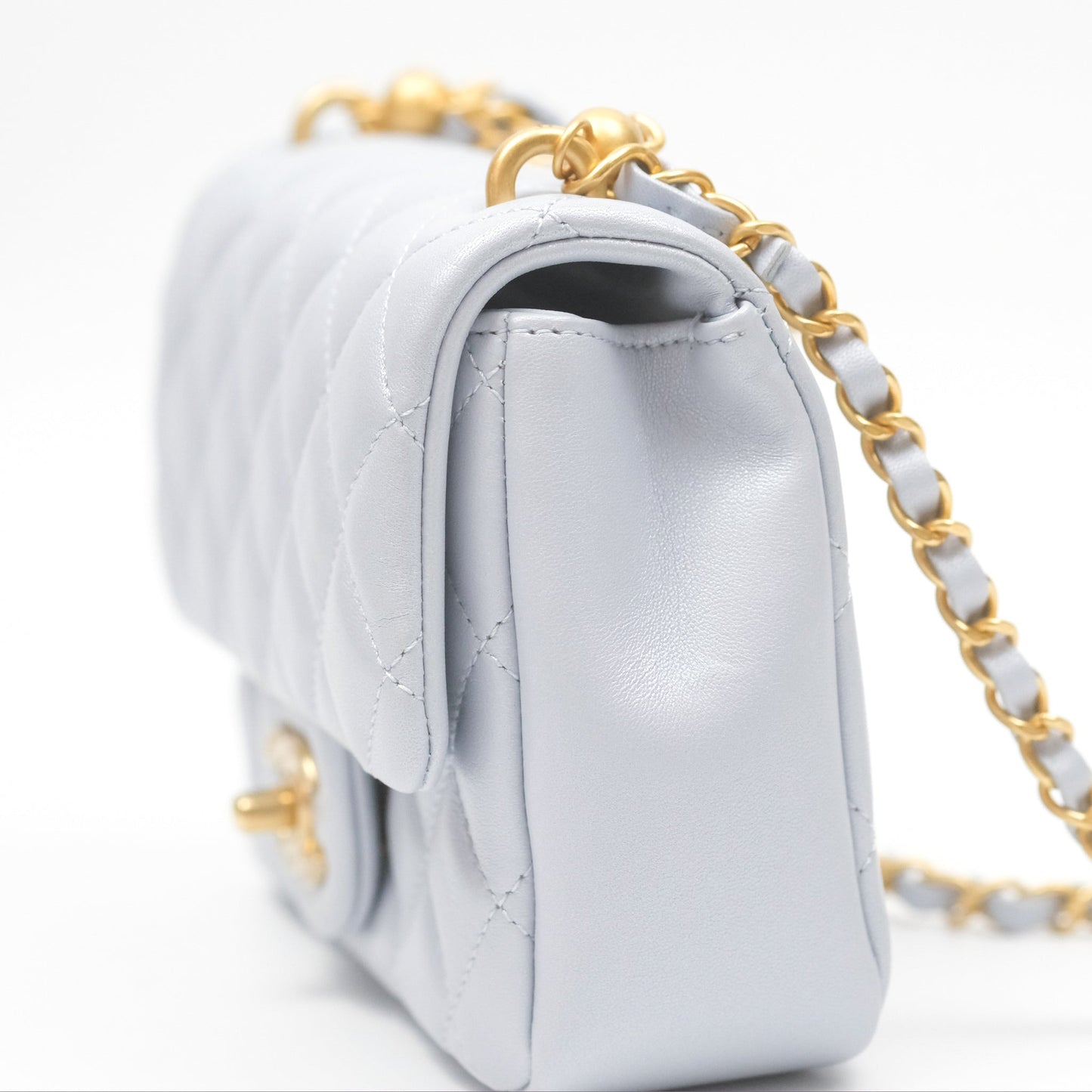 Chanel Pearl Chain Mini Flap Bag Pearly Light Blue Lambskin Aged Gold Hardware 24P