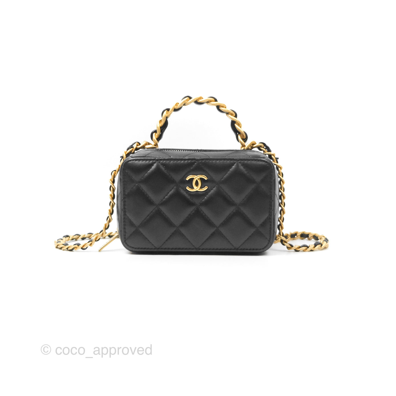Chanel Top Handle Vanity Case Black Lambskin Aged Gold Hardware 22A