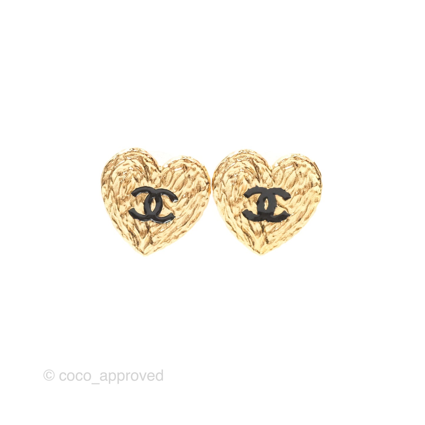 Chanel Heart Black CC Earrings Gold Tone 24P